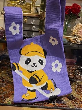 Kids Purple Panda Hockey Crossbody Bag with Yellow Accents